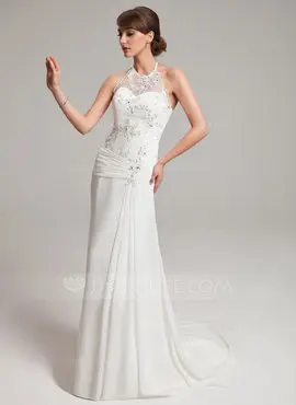 Sheath/Column Halter Watteau Train Chiffon Tulle Wedding Dress With Ruffle Lace Beadwork (002011453)