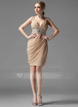 Sheath V-neck Knee-Length Chiffon Cocktail Dress With Ruffle Beading (016002945)