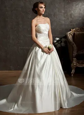 Ball-Gown Sweetheart Chapel Train Satin Wedding Dress With Ruffle Beadwork (002011522)