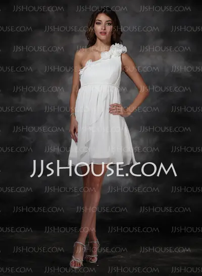 Empire One-Shoulder Short/Mini Chiffon Holiday Dress With Ruffle Flower(s) (020003254)