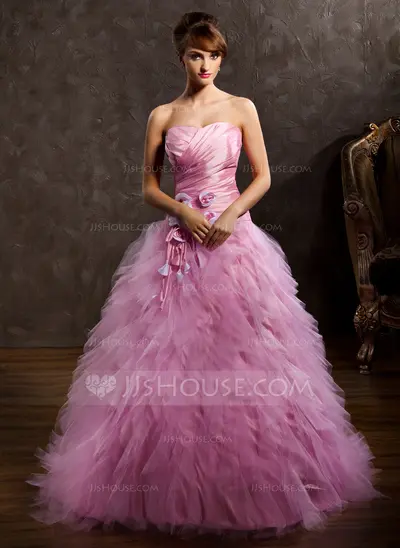 Ball-Gown Sweetheart Sweep Train Taffeta Tulle Wedding Dress With Ruffle Flower(s) (002011428)