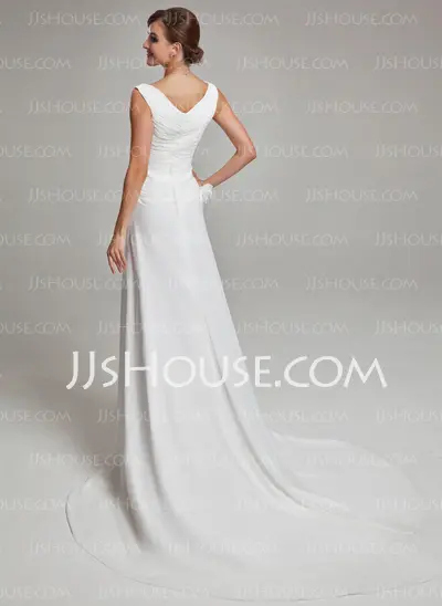 A-Line/Princess V-neck Chapel Train Chiffon Satin Wedding Dress With Ruffle Feather Flower(s) (002011459)