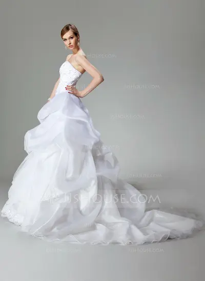 Ball-Gown Sweetheart Chapel Train Organza Satin Wedding Dress With Lace Beadwork (002000423)