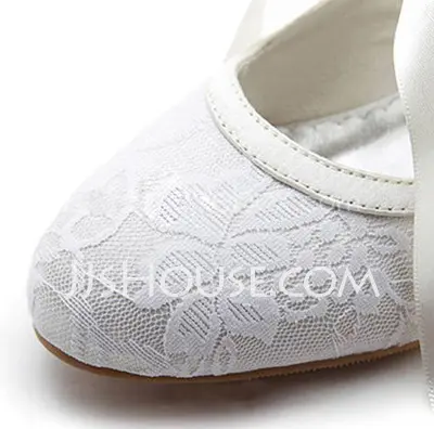 Satin Spool Heel Closed Toe Pumps Wedding Shoes With Ribbon Tie (047004932)