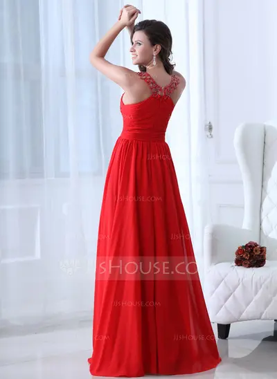 A-Line/Princess Scoop Neck Floor-Length Chiffon Holiday Dress With Ruffle Beading (020017361)