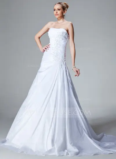 A-Line/Princess Sweetheart Court Train Taffeta Wedding Dress With Ruffle Lace Beadwork (002000827)