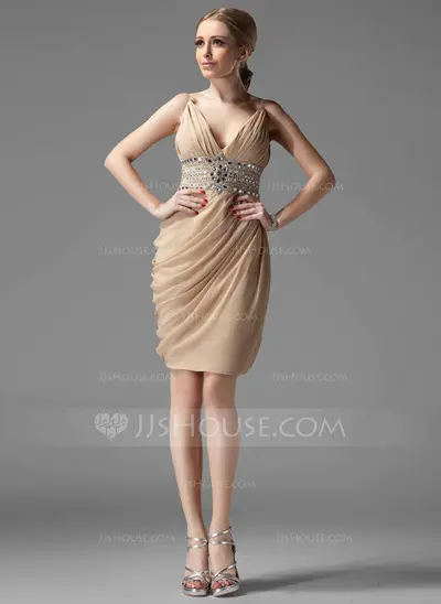 Sheath V-neck Knee-Length Chiffon Cocktail Dress With Ruffle Beading (016002945)