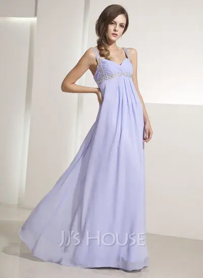 A-Line/Princess V-neck Floor-Length Chiffon Holiday Dress With Ruffle Beading (020014196)