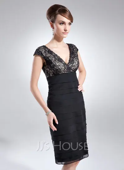 Sheath V-neck Knee-Length Chiffon Lace Cocktail Dress With Ruffle (016008240)