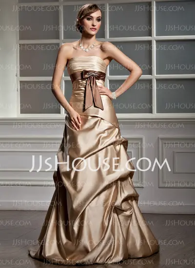 A-Line/Princess Strapless Court Train Satin Wedding Dress With Ruffle Sashes Beadwork (002000469)
