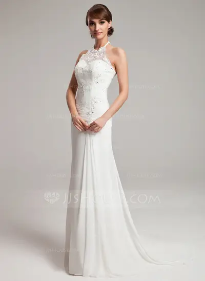 Sheath/Column Halter Watteau Train Chiffon Tulle Wedding Dress With Ruffle Lace Beadwork (002011453)