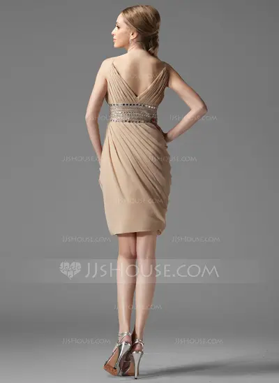 Sheath V-neck Knee-Length Chiffon Cocktail Dress With Ruffle Beading (016002945)
