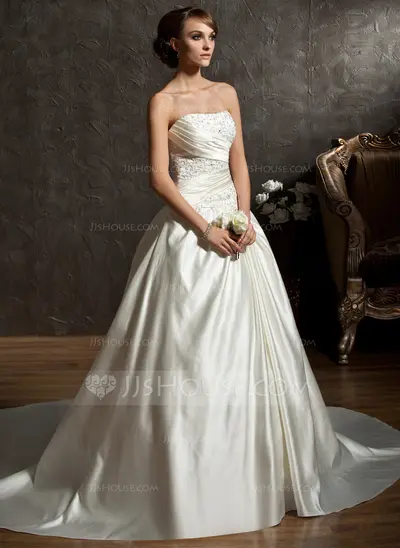 Ball-Gown Sweetheart Chapel Train Satin Wedding Dress With Ruffle Beadwork (002011522)
