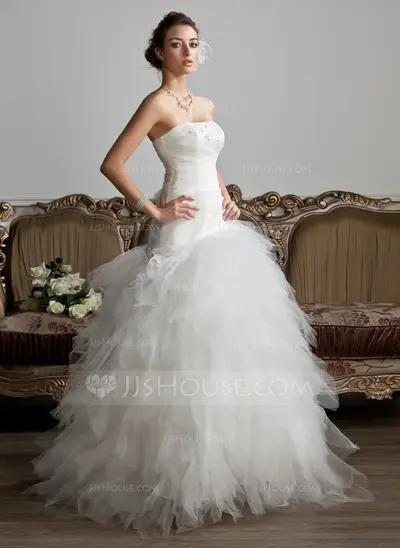 A-Line/Princess Strapless Floor-Length Satin Tulle Wedding Dress With Ruffle Lace Beadwork (002013799)