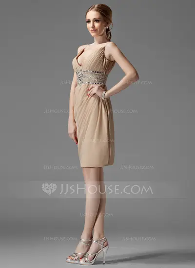Sheath V-neck Knee-Length Chiffon Cocktail Dress With Ruffle Beading (016002945)