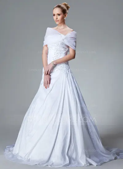A-Line/Princess Sweetheart Court Train Taffeta Wedding Dress With Ruffle Lace Beadwork (002000827)