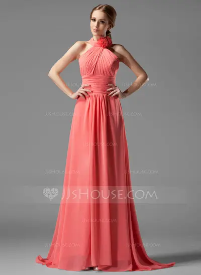 A-Line/Princess Halter Sweep Train Chiffon Bridesmaid Dress With Ruffle Flower(s) (007004138)