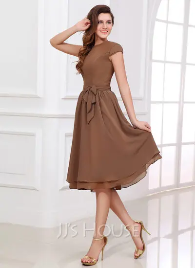 A-Line/Princess Scoop Neck Tea-Length Chiffon Bridesmaid Dress (007017303)