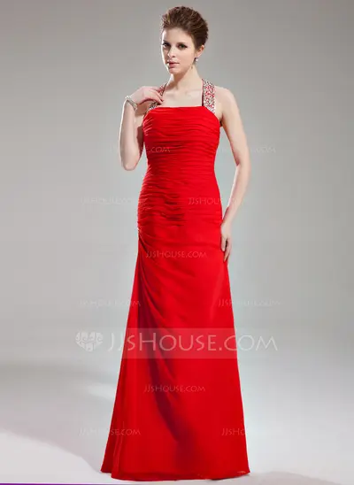 Sheath Halter Floor-Length Chiffon Evening Dress With Ruffle Beading Sequins (017002264)