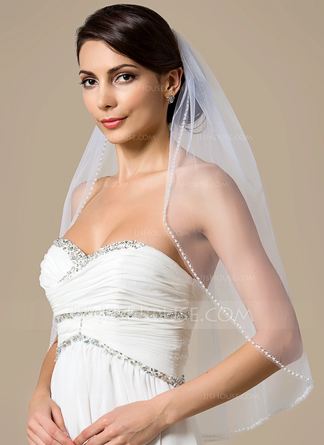 Elbow Bridal Veils With Pearl Trim Edge (006066059) JJsHouse