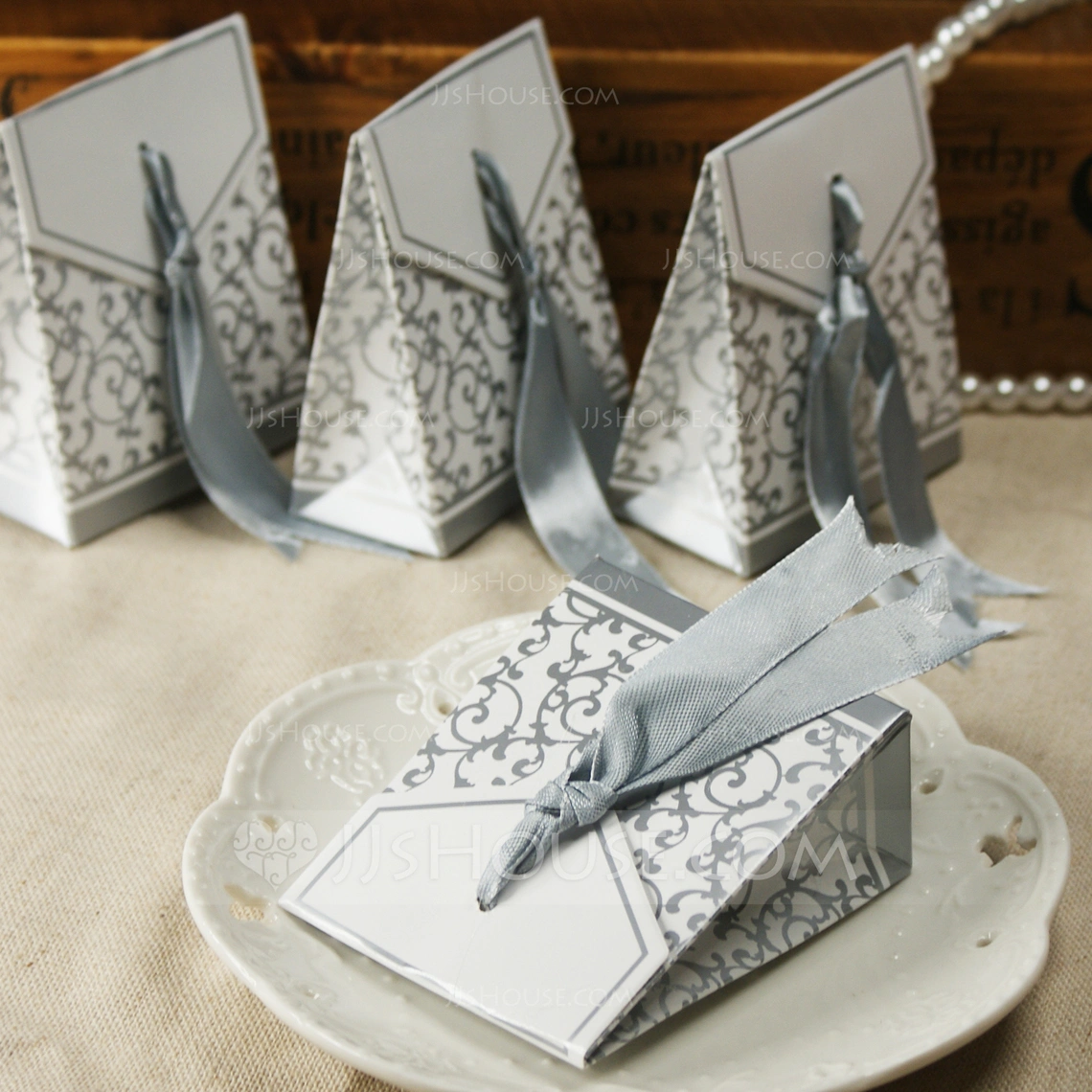 Flower Design Favor Boxes With Ribbons (Set of 12) (050005520) JJsHouse