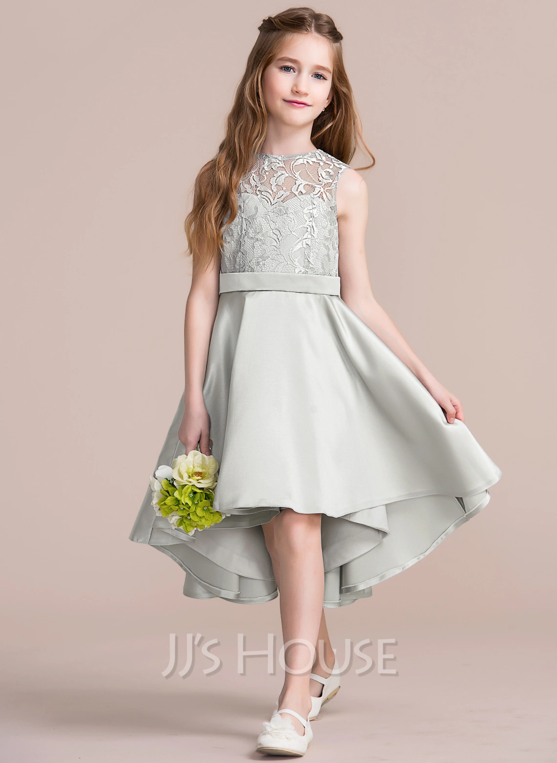 ALine/Princess Scoop Neck Asymmetrical Satin Junior Bridesmaid Dress
