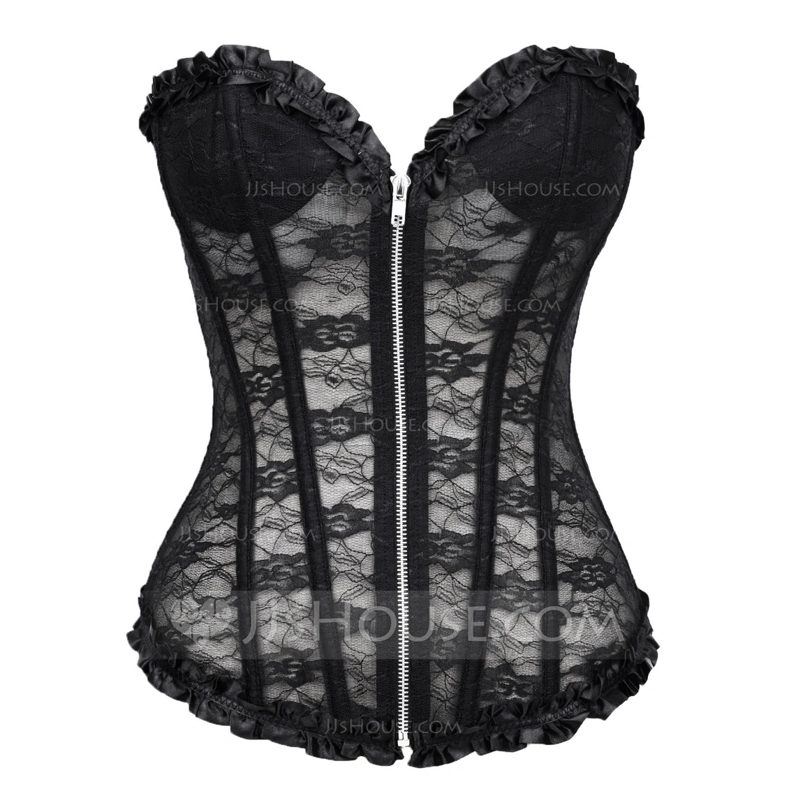 Lace/Satin Strapless LaceUp/Front Zipper Closure Shapewear (125041411