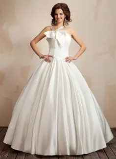 Ball-Gown V-neck Floor-Length Satin Wedding Dress With Ruffle (002001192)
