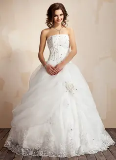 Ball-Gown Strapless Floor-Length Organza Satin Wedding Dress With Ruffle Lace Beadwork Flower(s) (002021817)