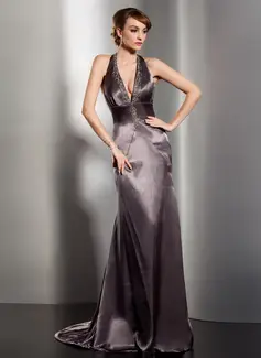 Sheath Halter Court Train Charmeuse Evening Dress With Ruffle Beading (017014538)