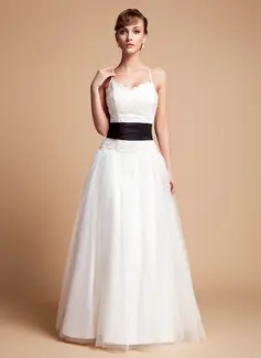 A-Line/Princess V-neck Floor-Length Taffeta Tulle Wedding Dress With Ruffle Lace Sashes Beadwork (002000131)