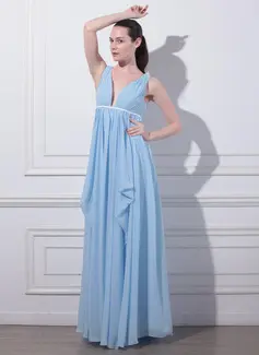 Empire V-neck Floor-Length Chiffon Evening Dress With Ruffle Sash (017012863)