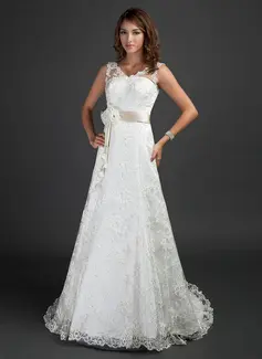 A-Line/Princess V-neck Court Train Satin Lace Wedding Dress With Sashes Flower(s) (002000187)