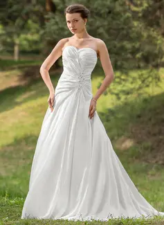 A-Line/Princess Sweetheart Chapel Train Taffeta Wedding Dress With Ruffle Lace Beadwork Sequins (002012570)
