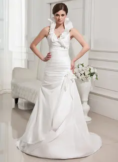 A-Line/Princess Halter Sweep Train Taffeta Wedding Dress With Ruffle Flower(s) (002011745)