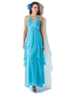 A-Line/Princess V-neck Ankle-Length Chiffon Prom Dress With Ruffle Beading (018013782)