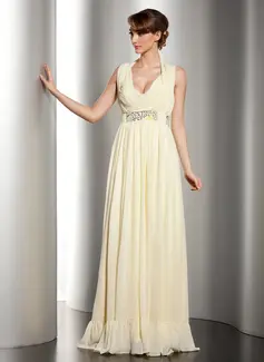 Sheath Halter V-neck Floor-Length Chiffon Holiday Dress With Ruffle Beading (020014532)