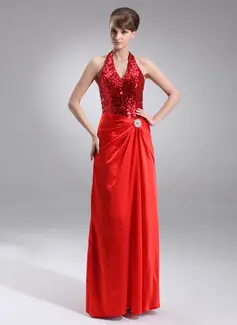 A-Line/Princess Halter Floor-Length Charmeuse Sequined Holiday Dress With Crystal Brooch (020025935)