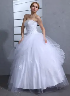 Ball-Gown Sweetheart Floor-Length Satin Tulle Wedding Dress With Ruffle Lace Beadwork Sequins (002011964)