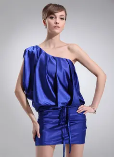 Sheath One-Shoulder Short/Mini Charmeuse Cocktail Dress With Ruffle (016008482)