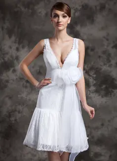 A-Line/Princess V-neck Knee-Length Organza Lace Wedding Dress With Flower(s) (002024078)