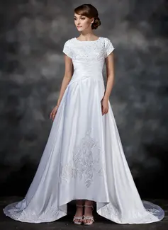 A-Line/Princess Square Neckline Asymmetrical Satin Wedding Dress With Ruffle Lace Beadwork (002017418)