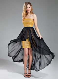 Sheath Strapless Asymmetrical Chiffon Sequined Evening Dress With Sash (017019580)