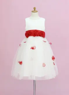 A-Line/Princess Scoop Neck Ankle-Length Organza Satin Tulle Flower Girl Dress With Sash Flower(s) (010005345)