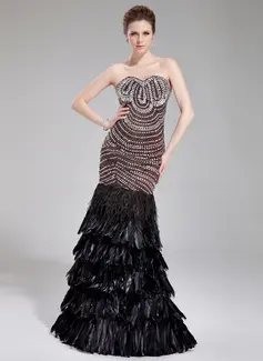 Mermaid Sweetheart Floor-Length Satin Feather Evening Dress With Beading (017019457)