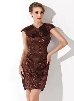 Sheath V-neck Knee-Length Charmeuse Cocktail Dress With Sequins (016008611)