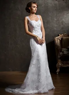 Sheath/Column Sweetheart Chapel Train Satin Tulle Wedding Dress With Lace Beadwork (002011465)