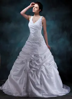 A-Line/Princess V-neck Court Train Taffeta Wedding Dress With Ruffle Lace Beadwork (002001588)