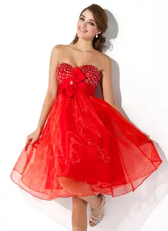 Empire Sweetheart Knee-Length Organza Satin Homecoming Dress With Beading Flower(s) (022009882)