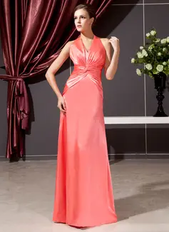 Sheath Halter Floor-Length Charmeuse Kate Middleton Style With Ruffle (044020784)